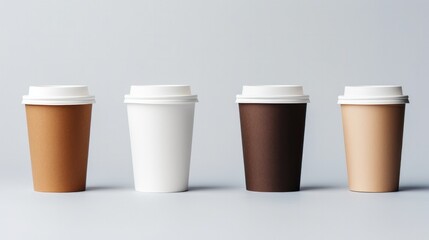 Paper coffee cups of different sizes on white background