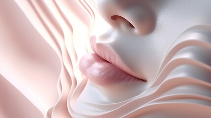 Fototapeta na wymiar Beauty of ethereal close-up portrait. The pink-tinted nude tones and flowing silk for otherworldly ambiance. Model's flawless skin in mask