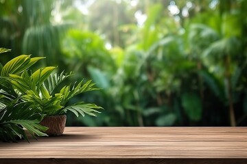 mockup empty wooden table garden with greenery background
