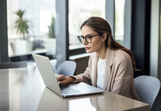 woman on cell phone and in glasses looking at laptop at desk, in the style of clear edge definition, sleek metallic finish,