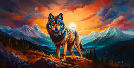 a attractive and spectacular noble wolf looking, wolf in the mountains. Generative Ai content wallpaper