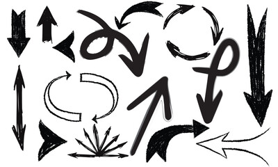 Charcoal arrows vector icons set. Hand drawn freehand different curved lines, swirls arrows. Doodle marker drawing, black chalk smears. Direction pointers. Scribbles and scrawls.