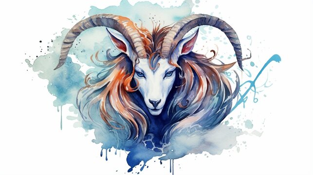 Capricorn Zodiac sign Artistic, color, drawn image of the zodiac Capricorn with the symbol and star scheme in watercolor style on a white background