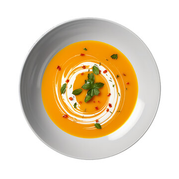 Delicious soup on a plate isolated on transparent background. appetizing soup. top view