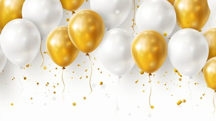 Celebratory seamless banner - white, yellow, glitter gold balloons and golden foil confetti Vector festive illustration Holiday design - obrazy, fototapety, plakaty