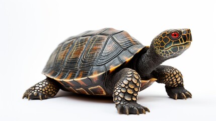 Obraz premium A small reptile tortoise with dark patterned shell stands isolated on a bright white background for design.