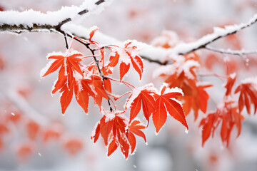Red maple leaves in snowing in winter garden. Heavy snow is falling.