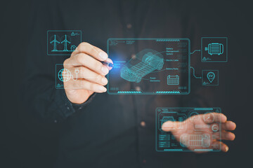 electric vehicle charging station for charging EV batteries. Plug for vehicle with electric engine.  EV charging station for electric vehicles in green energy and eco