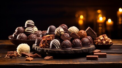 Chocolate bonbon Luxury handmade chocolate bonbons on wooden table with night background, copy space - obrazy, fototapety, plakaty