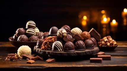 Fotobehang Chocolate bonbon Luxury handmade chocolate bonbons on wooden table with night background, copy space © Muhammad