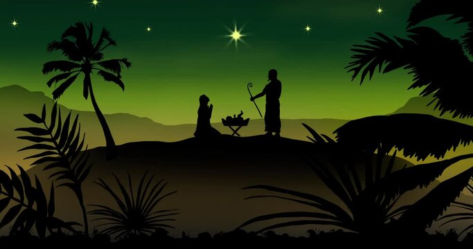 Animation of silhouette of nativity scene over green background