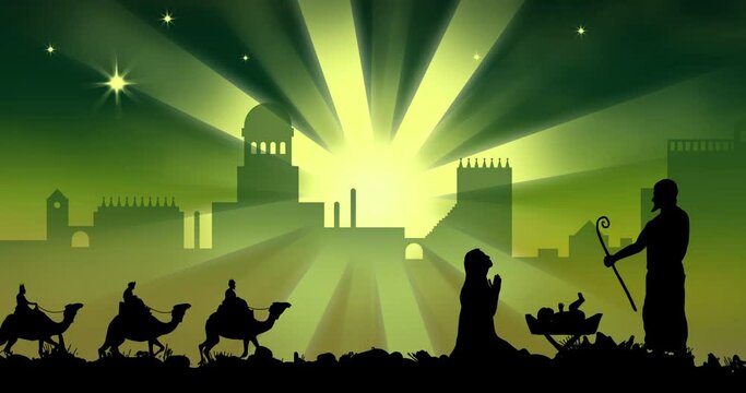 Animation of silhouette of nativity scene over city and green shooting star on green background