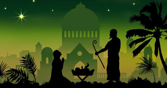 Animation of silhouette of nativity scene over city on green background