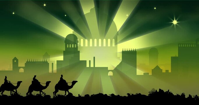Animation of silhouette of three wise men over city and green shooting star on green background