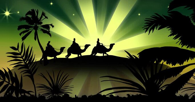 Animation of silhouette of three wise men over green shooting star on green background
