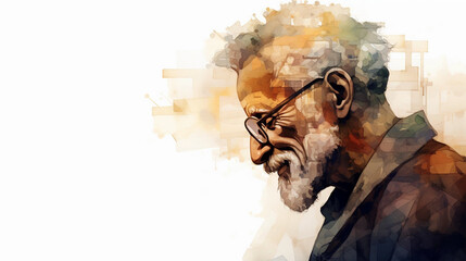 Side View Abstract Watercolor Portrait of an Elderly Man With a Beard and Eyeglasses