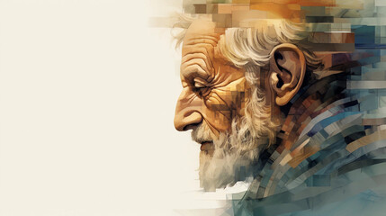 Side View Abstract Watercolor Portrait of an Elderly Man With a Beard and Eyeglasses