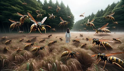 Fototapeten こちらは草原で、多数のスズメバチが一人の女性に向かって急接近している緊迫したシチュエーションを超リアルに描いたフォト画像です。周囲の環境や草、木々も詳細に描かれ、シーンの緊張感を一層高めています。 © 秋始 原島