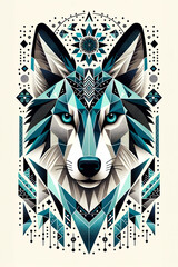 Mystical Tribal Wolf with Geometric Patterns and Celestial Motifs
