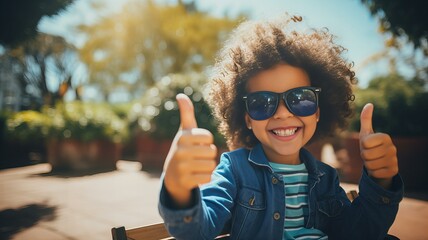 Cheerful sitting child on a sunny day holding thumbs up. Generative AI - obrazy, fototapety, plakaty