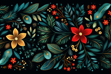 merry christmas background concept, christmas floral pattern, merry christmas card featuring a black background and leafy leaves
