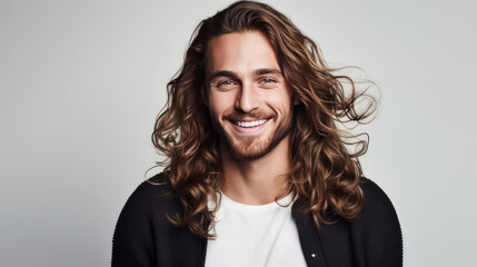 Portrait of a handsome elegant sexy smiling Caucasian man with perfect skin and long hair, on a white background, banner, close-up.