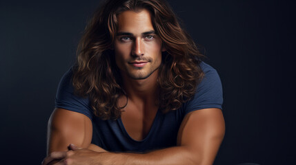 Handsome elegant sexy smiling Caucasian man with perfect skin and long hair, on a dark blue background, banner, close-up. - obrazy, fototapety, plakaty