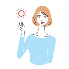 マル札を持つボブヘアの女性上半身