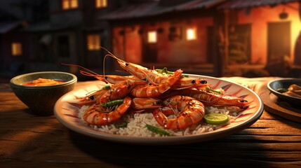 tiger Prawns as indo-chinese cuisine dish shrimps with Sauce on the side - obrazy, fototapety, plakaty