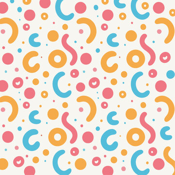 Colorful Pastel Memphis Squiggle Seamless Pattern.A vibrant and fun Memphis-inspired seamless pattern with colorful pastel squiggles and dots on a white background.