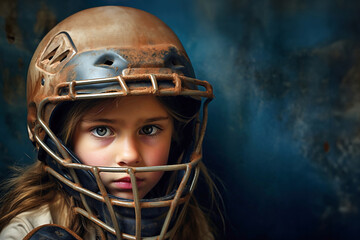 A painting of a young girls wearing a football helmet. Sports protective equipment. - obrazy, fototapety, plakaty