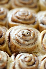Fototapeta premium Freshly baked cinnamon rolls or Cinnabon with cream, close up