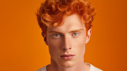 Portrait of a handsome, elegant, sexy Caucasian man with perfect skin and red hair, on an orange background, banner, close-up.