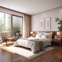 bedroom with white and concrete walls, wooden floor, brown bed with bedside tables and gray armchair