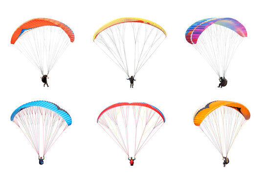 collection Bright colorful parachute on transparent background. png file. Concept of extreme sport, taking adventure challenge.