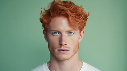 Handsome elegant sexy Caucasian man with perfect skin and red hair, on a light green background, banner, close-up. - obrazy, fototapety, plakaty