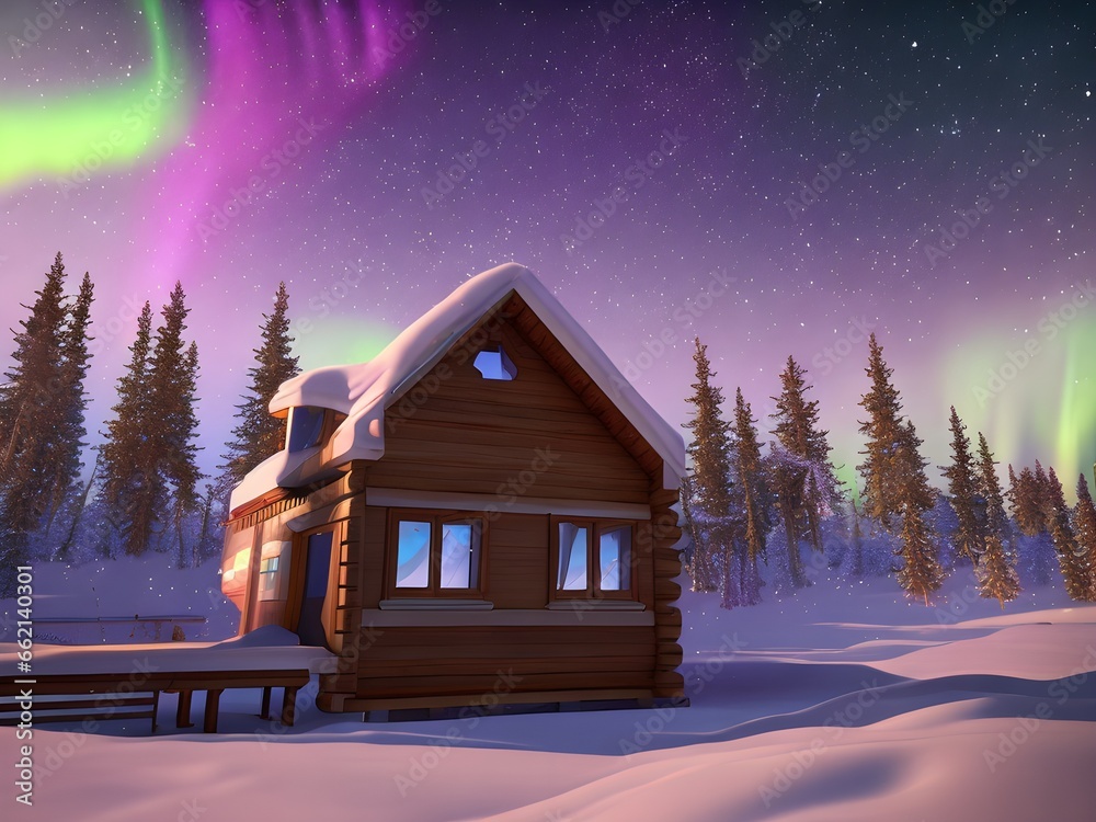 Poster aurora borealis over house in winter landscape