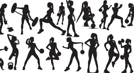 Set of workout woman silhouettes