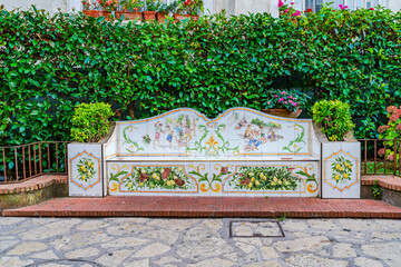 Beautiful ornate bench made from ceramic tiles in Anacapri, Island of Capri, Italy