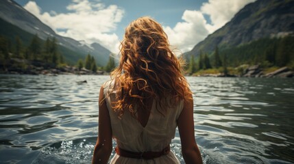 A woman in a summer dress and open long hair half in a mountain lake taken from behind