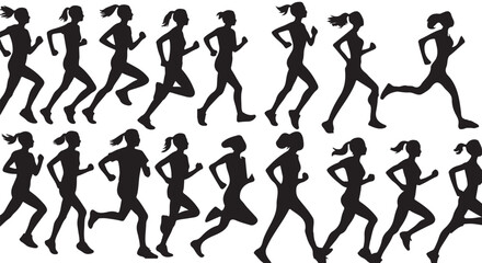 Running woman silhouettes on a white background. Big set of female sprinter vector illustration