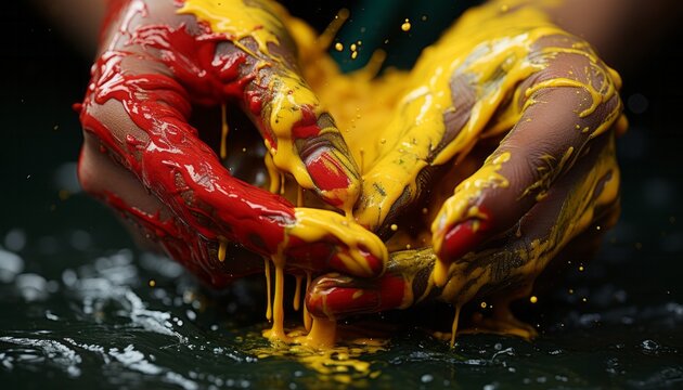 abstract close-up of two female hands with red fingernails smeared with red and yellow paint