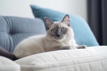 ソファのクッションのそばでくつろぐ美しい猫　かわいいペット
