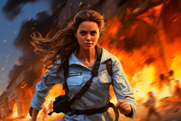 A female paramedic running away from an explosion