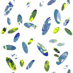 Abstract geometric layered seamless pattern Green, blue, yellow mosaic ovals, Easter eggs on white background