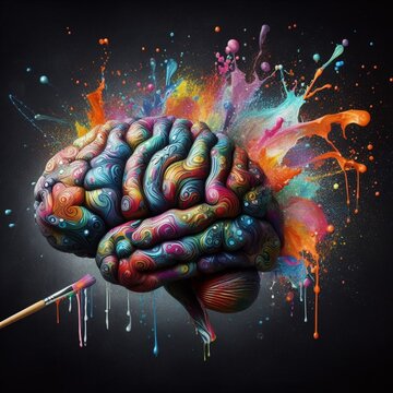 Creative art brain explodes with paints with splashes on a black background, concept idea