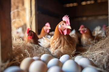 chicken laying eggs in chicken coop .Chicken eggs in chicken coop  3d rendering AI generative 