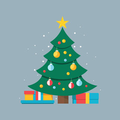 Decorated Christmas tree with gift boxes on grey background.