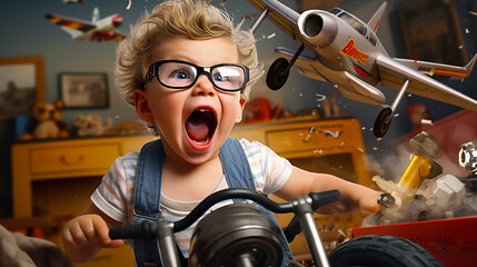 A boy rides a motorcycle in an imaginary world and escapes from fighter planes. - obrazy, fototapety, plakaty