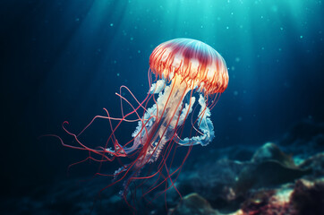 Fototapeta premium Jellyfish glows with neon light and swims underwater under sunlight